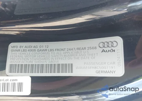 2012 Audi A5 2.0T Premium z USA, uszkodzony, nr VIN WAUAFAFH8CN007191